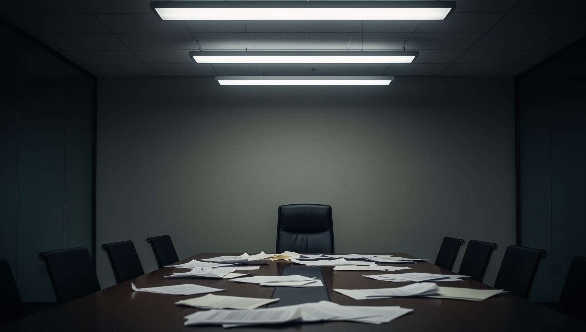 Empty conference room with scattered papers