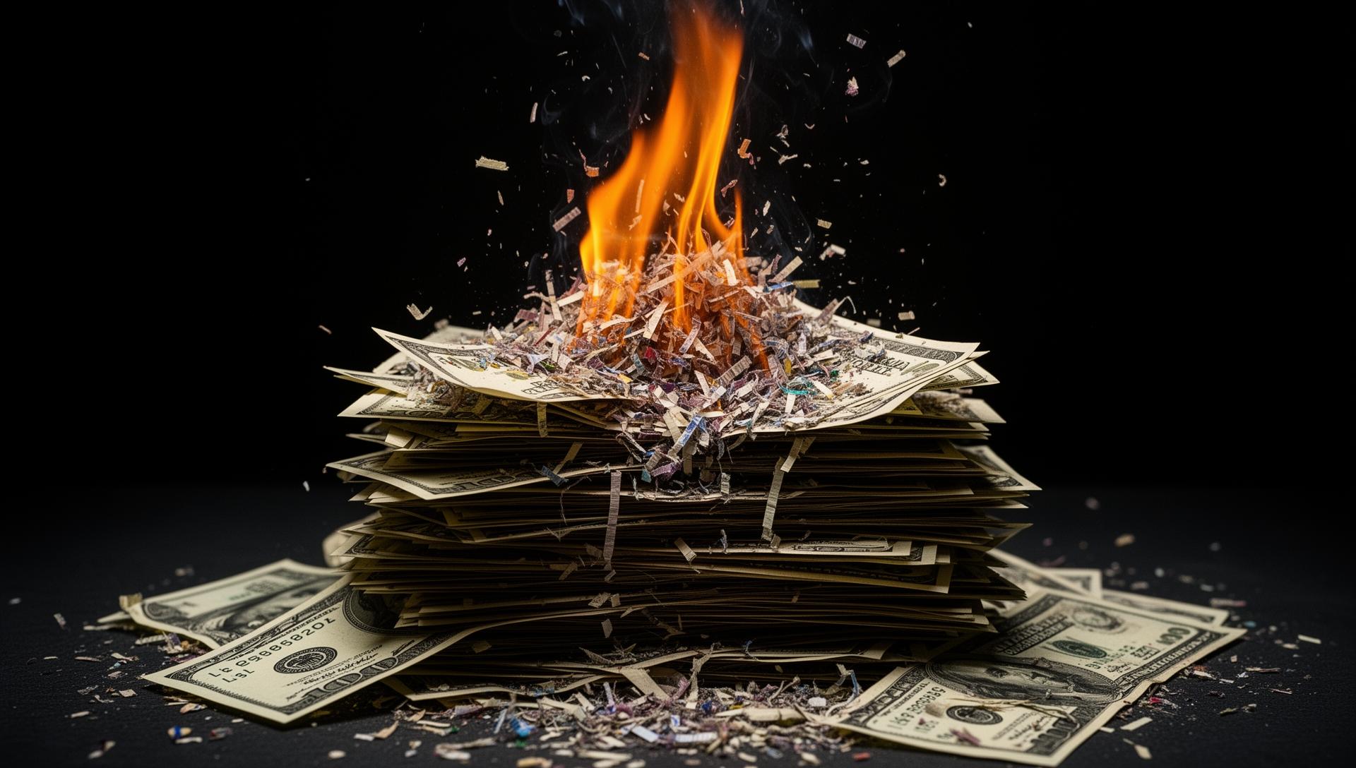 Stack of money being burned representing wasted budget