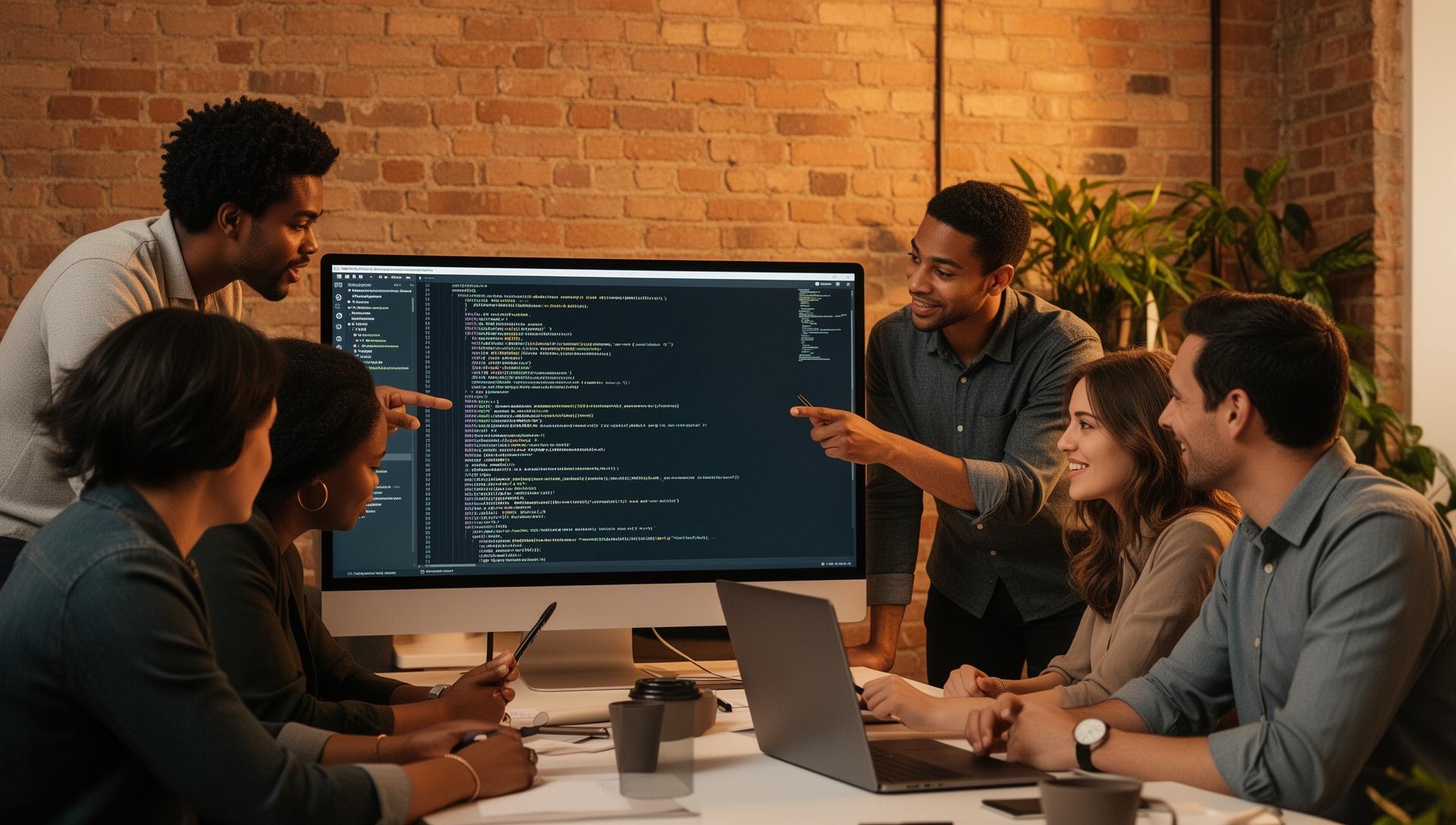 Team collaborating around a screen discussing AI implementation